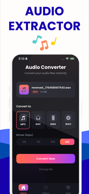 The Audio Converter app on iPhone, showing a file ready to convert with MP3, AAC, M4A and WAV buttons and a bitrate row