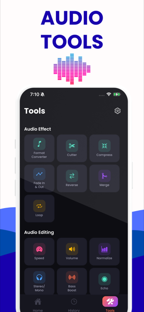 Thirteen editing tools: cut, fade, reverse, merge, loop, speed, mono and more.